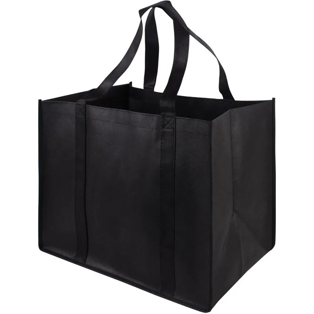 Black reusable eco-friendly tote bag with handles for grocery shopping