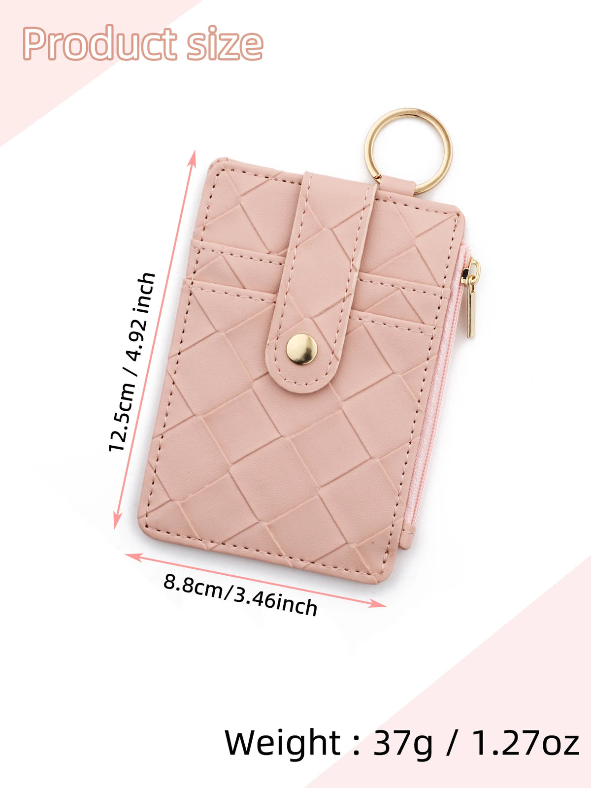 A light pink quilted PU leather card holder wallet with a gold ring and tassel attached.