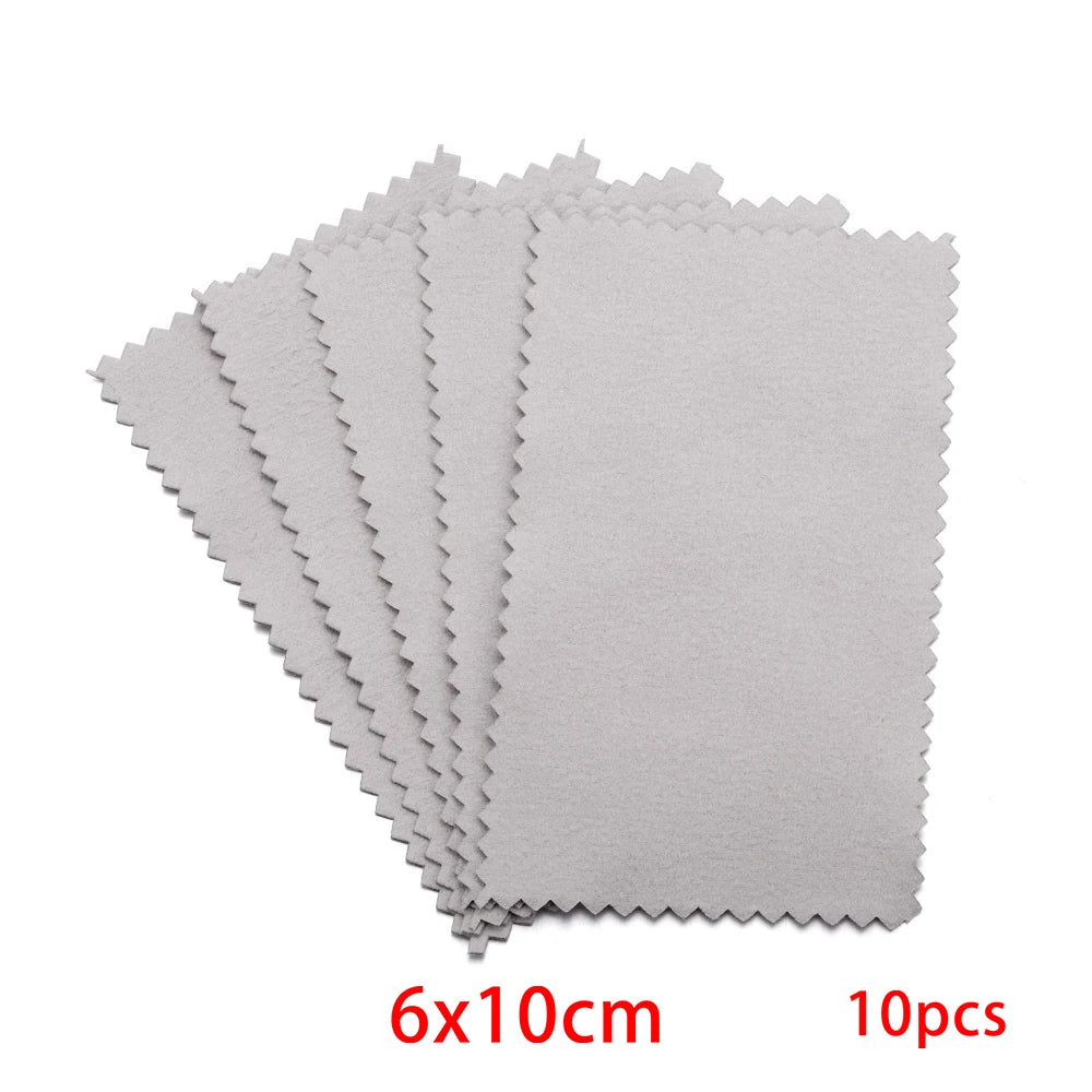 A stack of ten gray polishing cloths, measuring 6x10cm each.