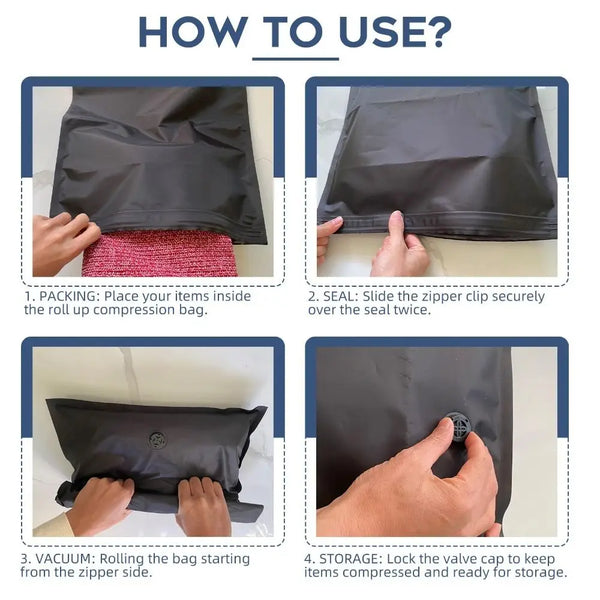 Instructions showing how to pack, seal, roll, and store reusable vacuum storage bags.