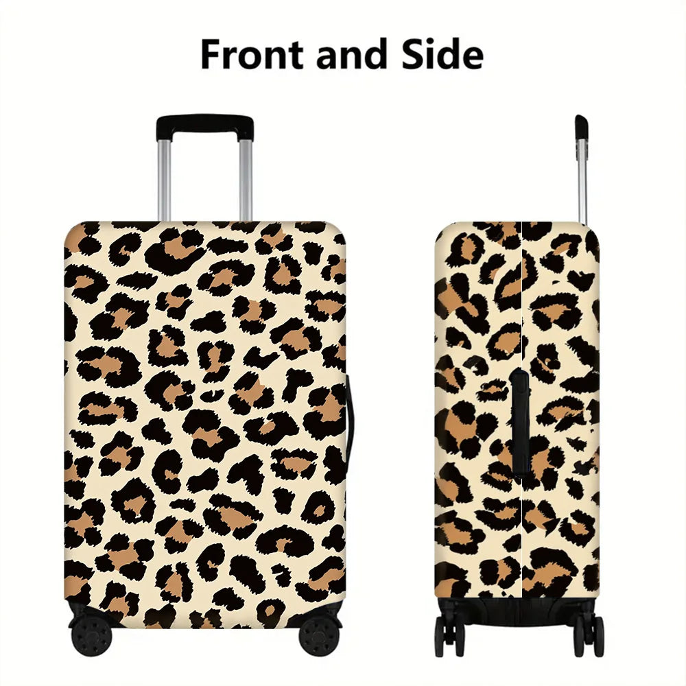 Front and side view of a leopard print protective luggage cover for travel bags