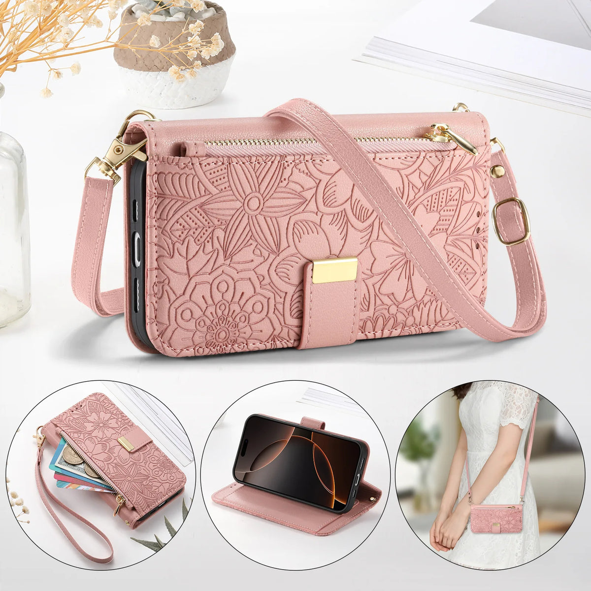 A pink zippered leather crossbody phone wallet case for an iPhone shown in various usage contexts.