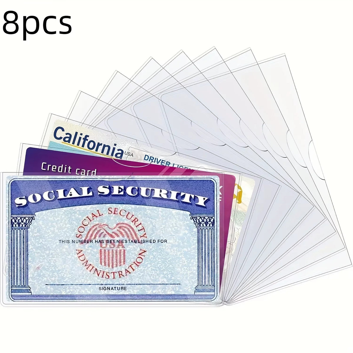 A pack of eight clear PVC cards and ID sleeves, including a Social Security card.