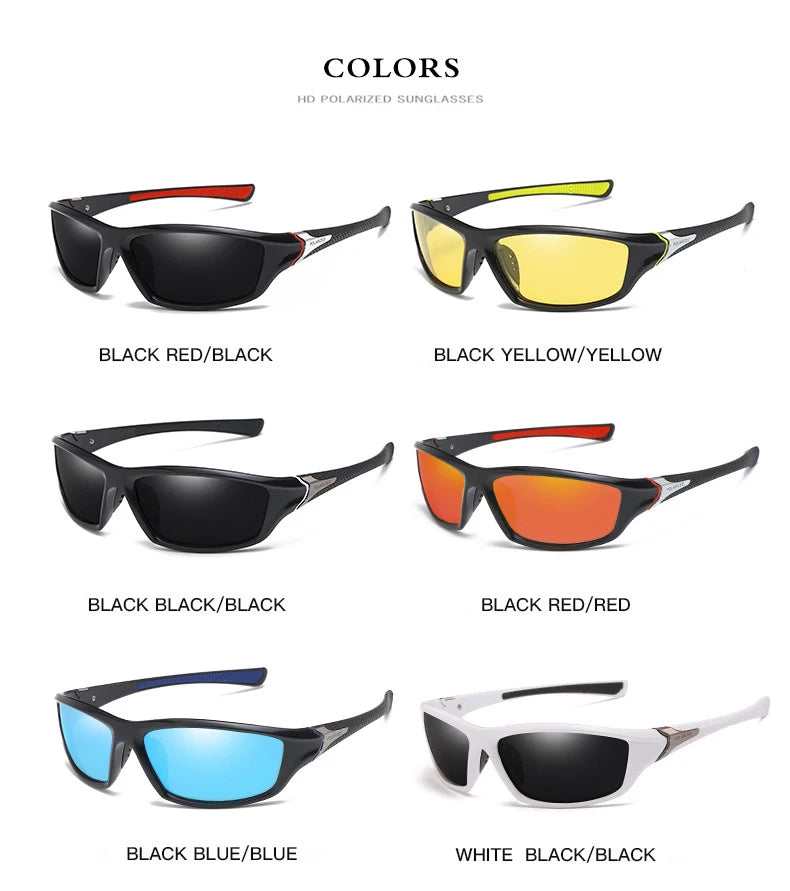 Colección de gafas de sol polarizadas HD en varios colores, incluyendo negro, rojo, amarillo y azul