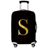 Black thick elastic luggage protective cover with a gold letter S embossed on the side