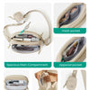 Beige multifunktionale Crossbodytasche mit verschiedenen Fächern, darunter ein Netz- und Reißverschlussfach.
