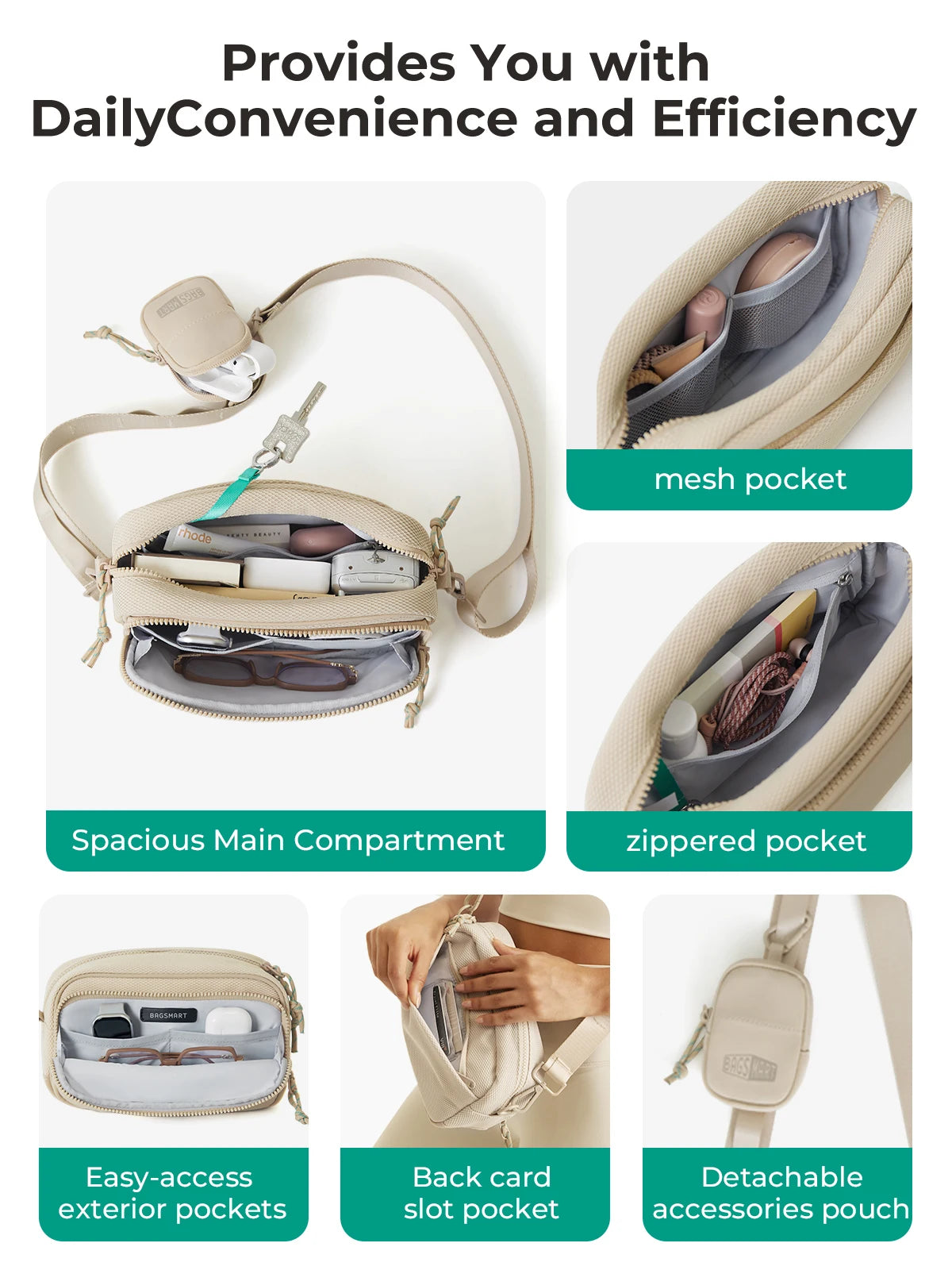 Beige multifunktionale Crossbodytasche mit verschiedenen Fächern, darunter ein Netz- und Reißverschlussfach.