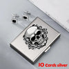 Silver card holder featuring a detailed skull design and ten cards.