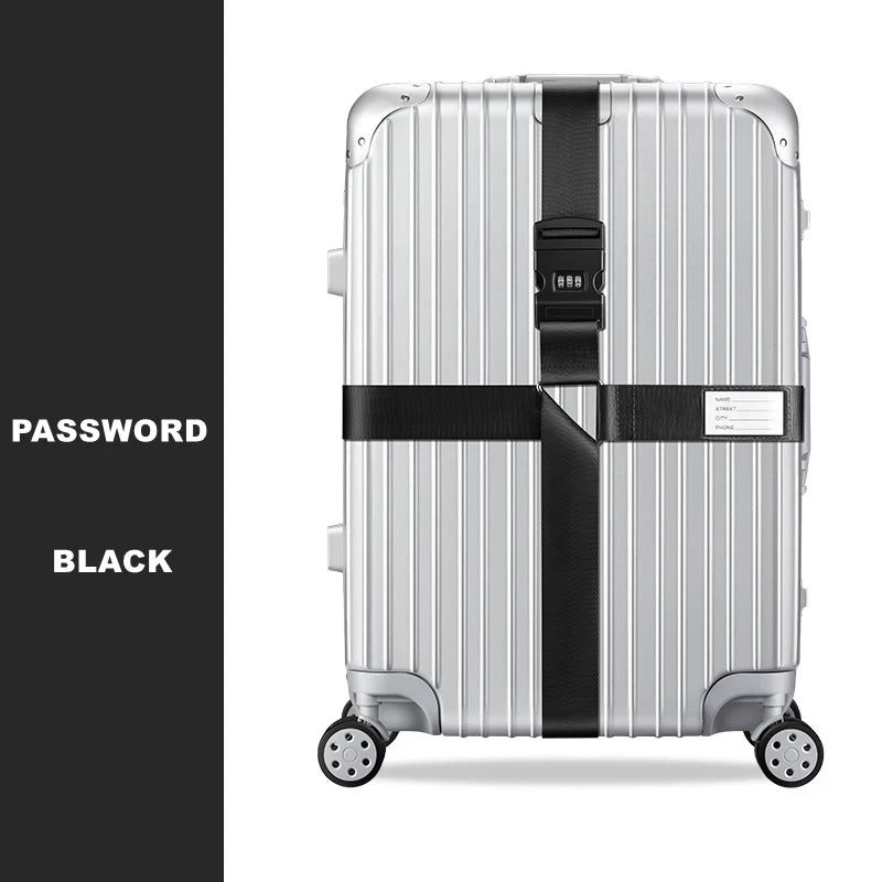 Silver adjustable luggage with a black cross strap and bundling belt.
