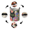 A foldable storage basket with a floral pattern shown from various angles.