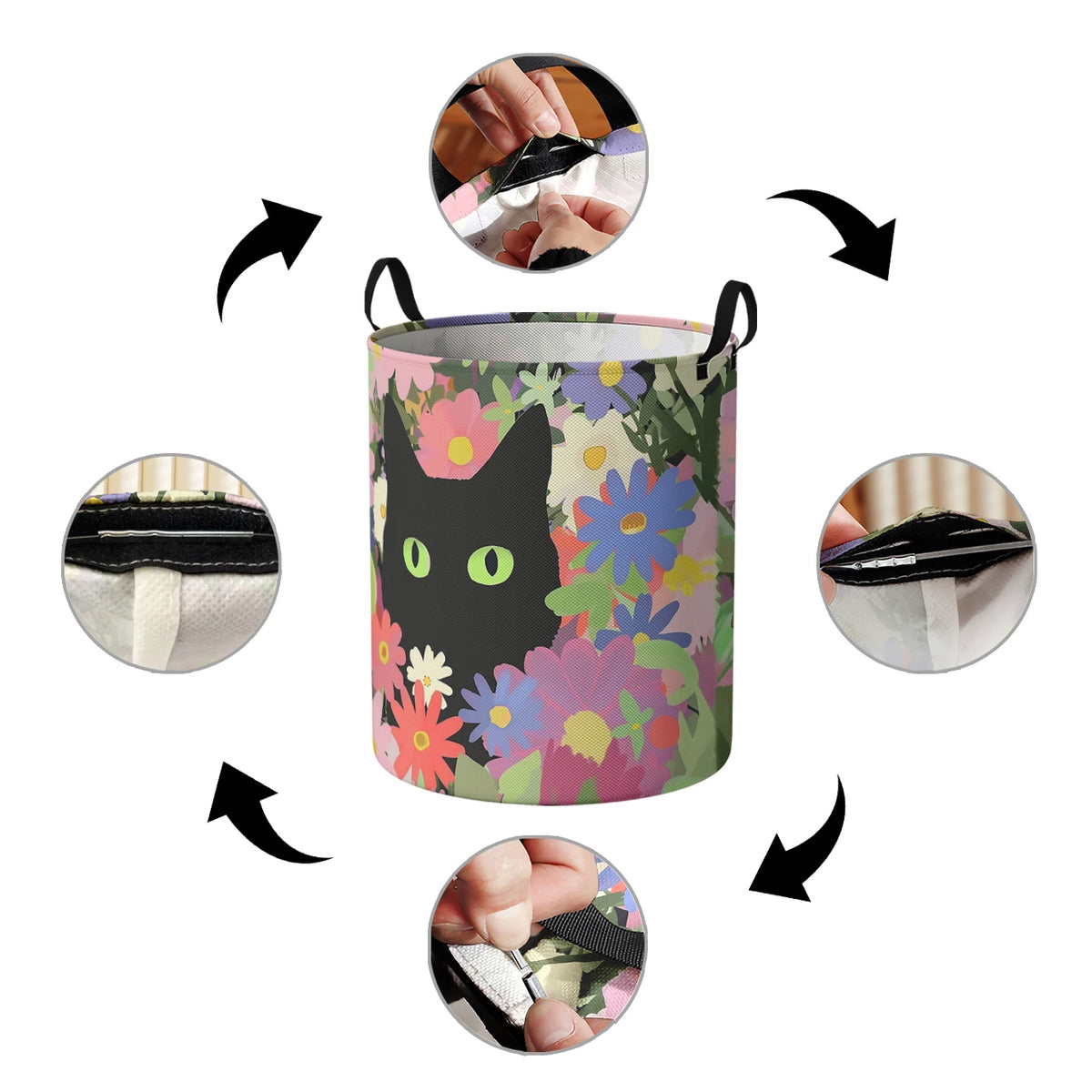 A foldable storage basket with a floral pattern shown from various angles.