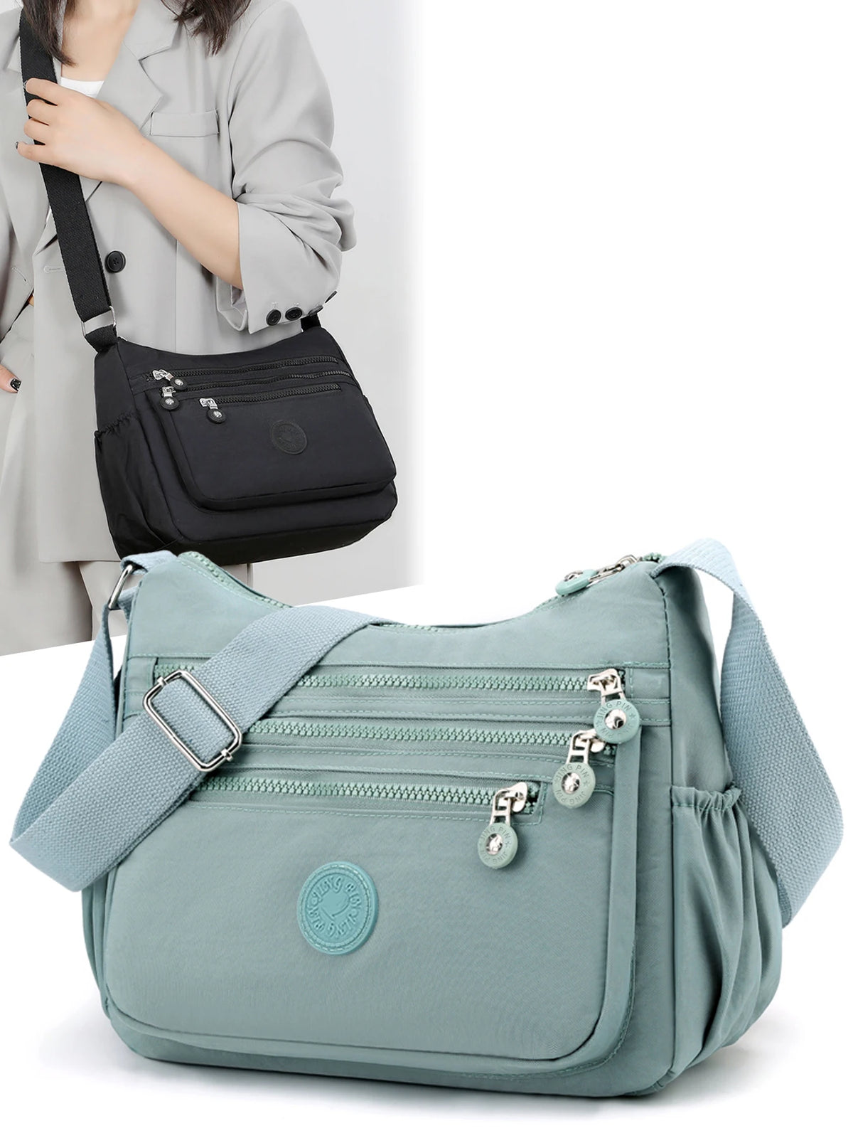 A light blue waterproof nylon crossbody shoulder bag with a gray strap and silver hardware.