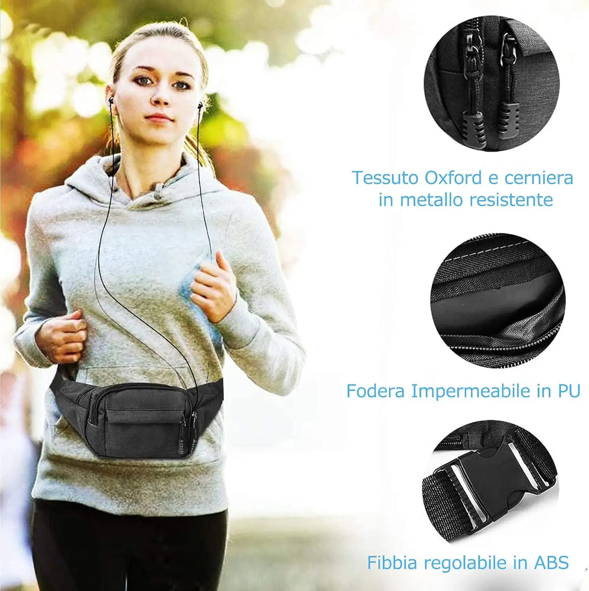 A woman wearing a grey hoodie and black pants is holding a black adjustable waist bag with a 4-zip belt.