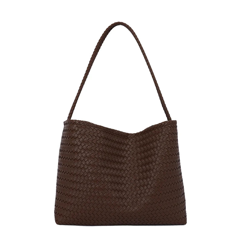 A dark brown woven leather bucket shoulder bag with a long strap.