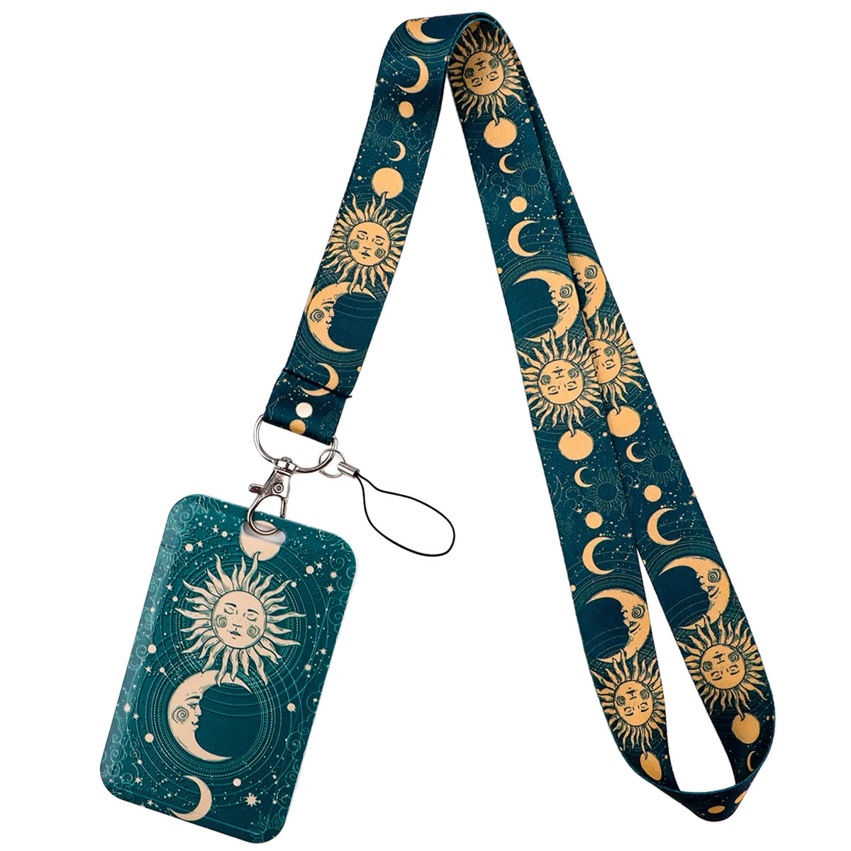 A teal patterned lanyard featuring crescent moon and sun designs, attached to a key ring.