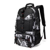 A black durable travel backpack with a camouflage pattern and a padded shoulder strap.
