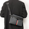 Black men's letter print crossbody sling bag worn on a black suit jacket.