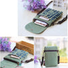 A teal denim mini messenger bag with triple-layer storage is shown next to a purple flower and a wooden box.