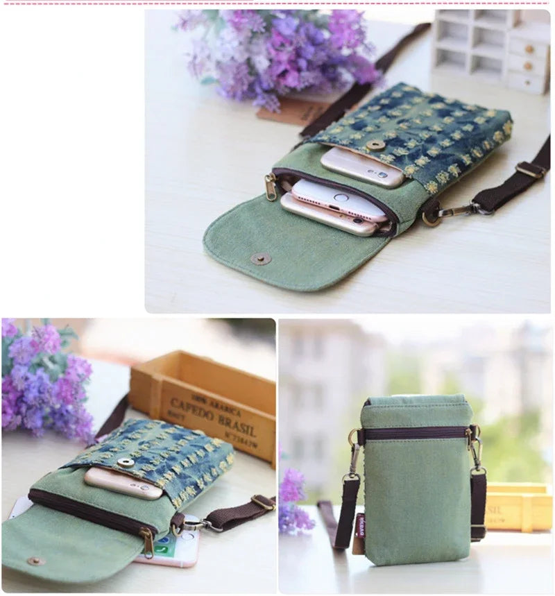 A teal denim mini messenger bag with triple-layer storage is shown next to a purple flower and a wooden box.