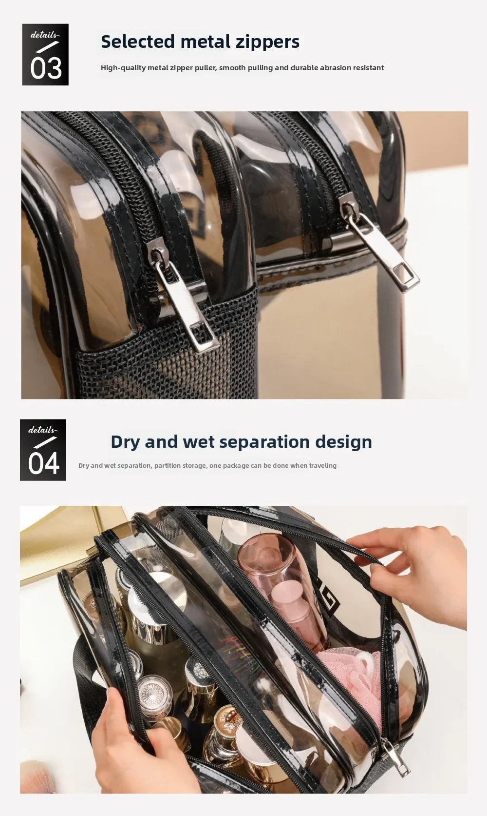 Una bolsa de lavado negra con cremallera abierta, que contiene varias botellas de vidrio y artículos de tocador.