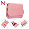 A pink genuine leather slim trifold wallet with a zipper pouch shown in various angles.
