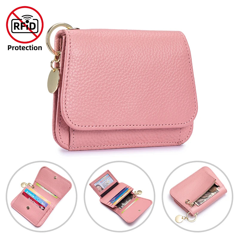 A pink genuine leather slim trifold wallet with a zipper pouch shown in various angles.