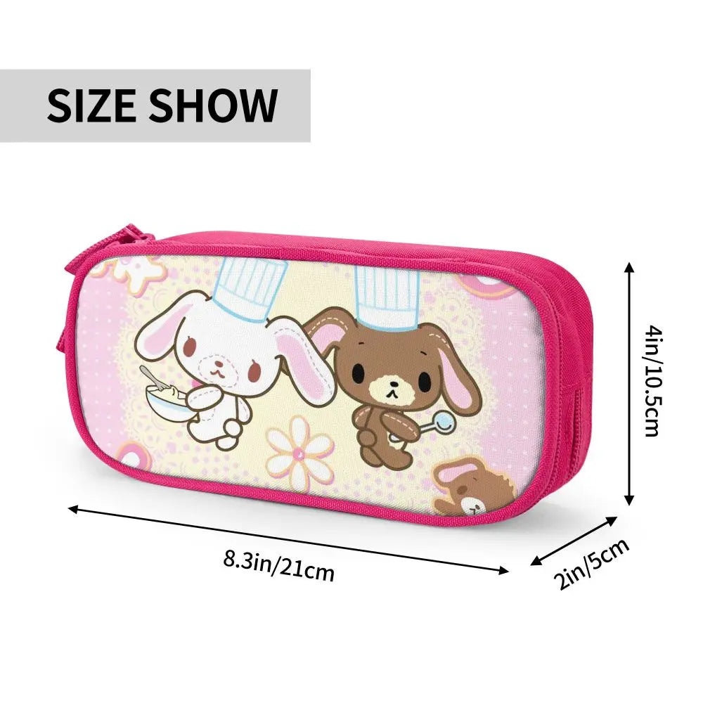 Pink pencil case featuring cute cartoon animals wearing chef hats