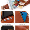 A brown PU leather crossbody sling bag showing various storage features including a front display, zipper bags, and interior 