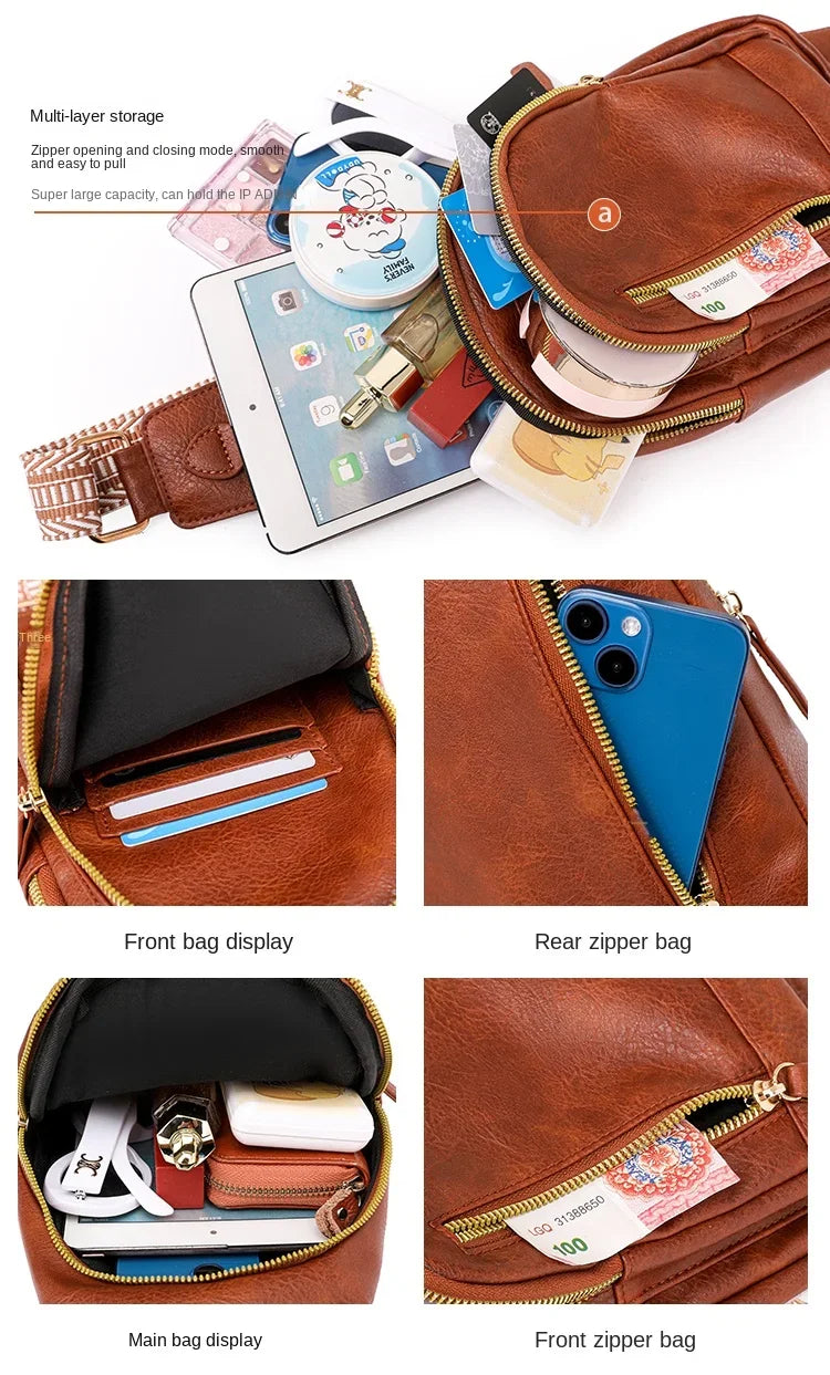 A brown PU leather crossbody sling bag showing various storage features including a front display, zipper bags, and interior 