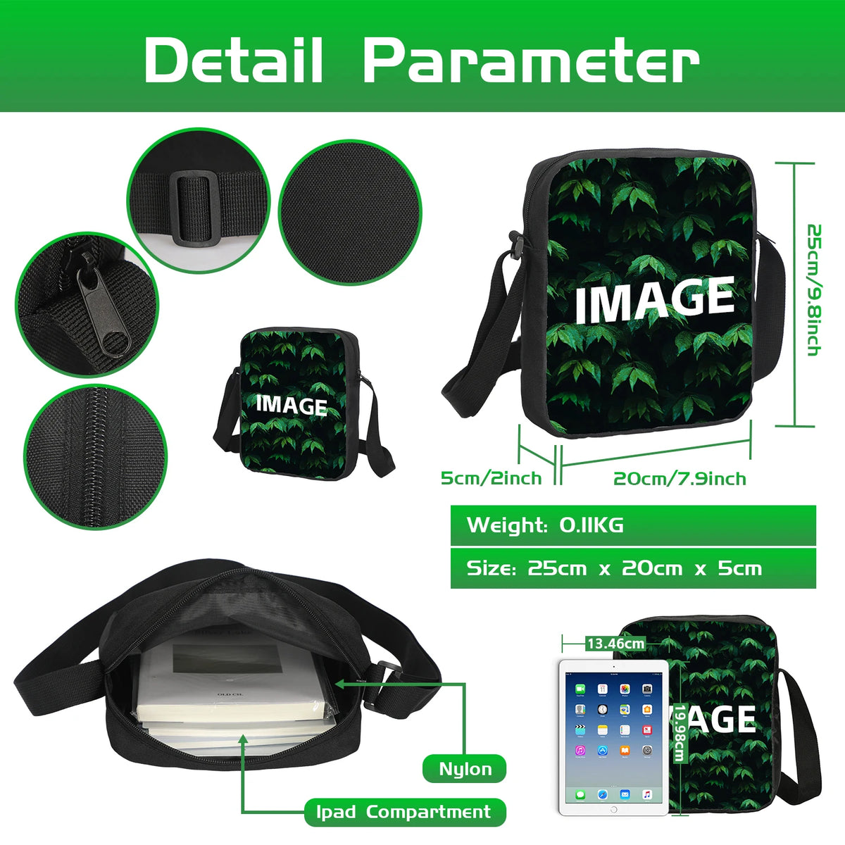 Schwarzer Rucksack-Set mit grünem Cartoon-Design für Schule und Sport, mit iPad-Fach.