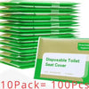 A stack of ten disposable toilet seat covers in green packaging with a single cover displayed.