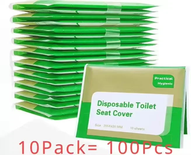 A stack of ten disposable toilet seat covers in green packaging with a single cover displayed.