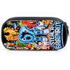 A black zippered pencil case featuring a collage of popular characters and text on the front.