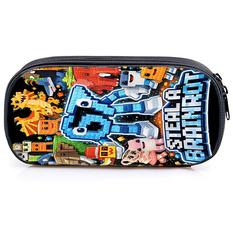 A black zippered pencil case featuring a collage of popular characters and text on the front.