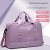A purple multi-function backpack with a drawstring closure and shoulder straps shown against a light background.