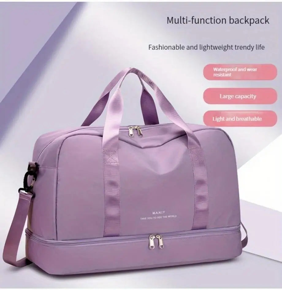 A purple multi-function backpack with a drawstring closure and shoulder straps shown against a light background.