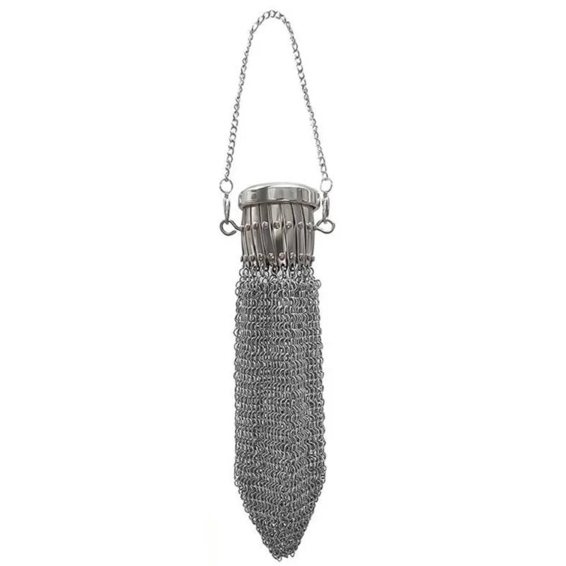 Silberne Vintage-Münztasche mit langer Kette und strukturiertem Metallkörper