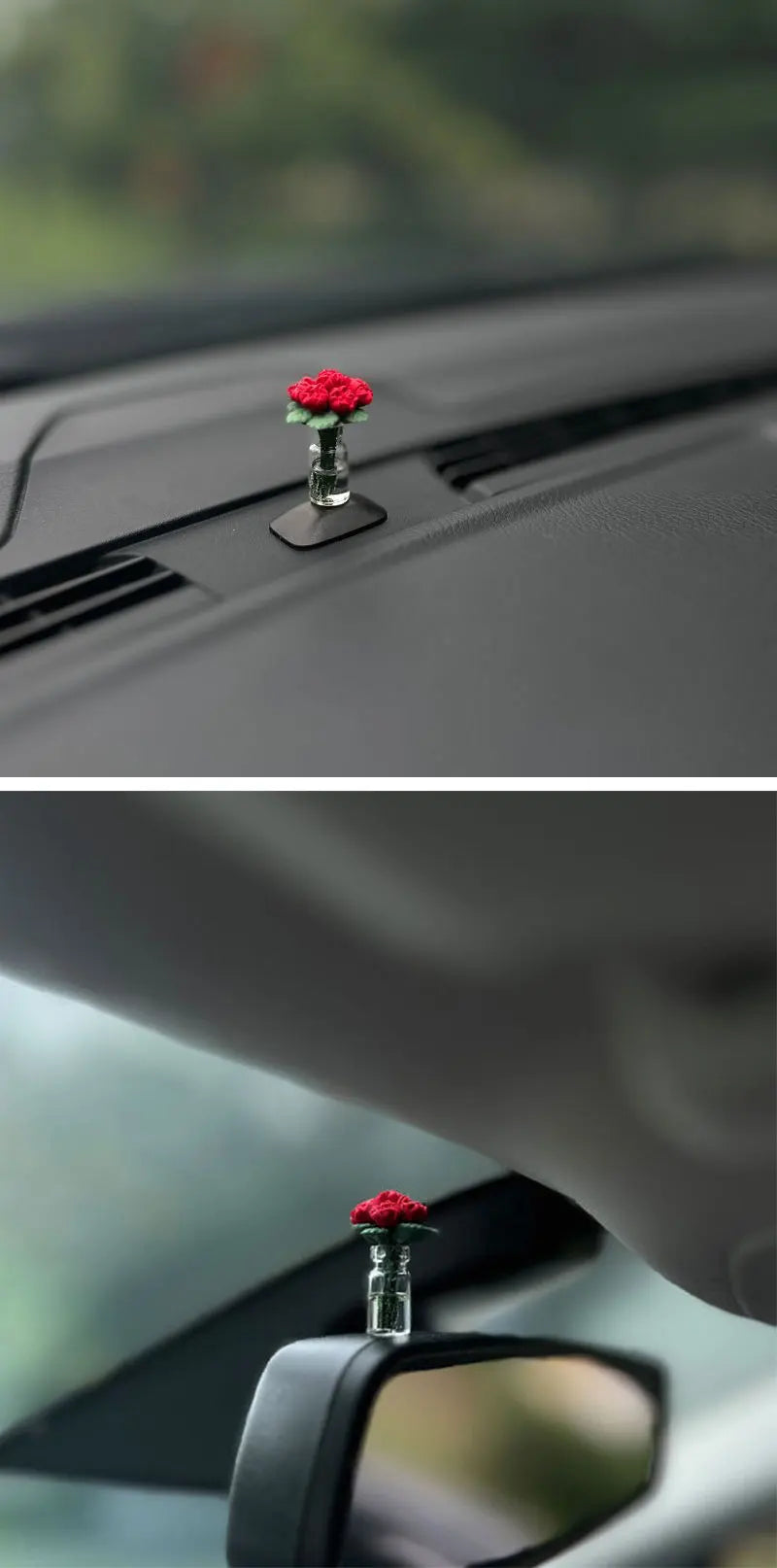 Eine kleine rote Rose in einer Glasvase ist auf einer Autoinenpanelfläche montiert.