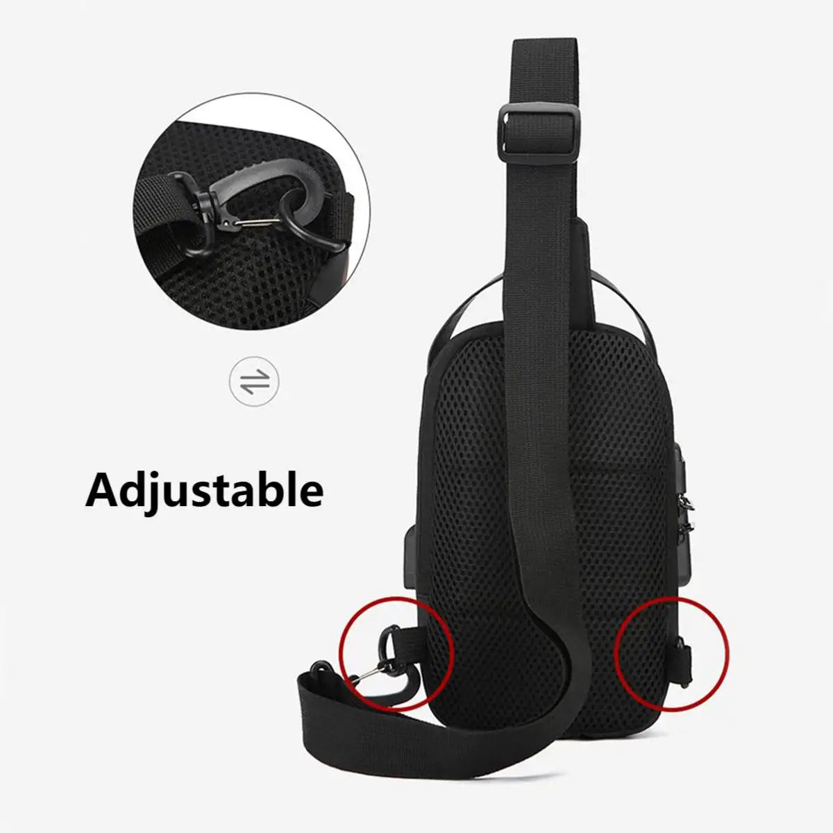 Black men's anti-theft lock chest bag with an adjustable strap and security lock detail.