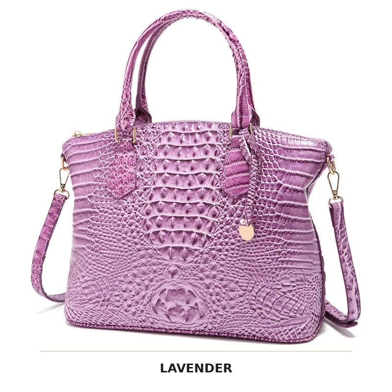 Lavendel-Krokodilmuster-Top mit Henkel und Crossbody-Tasche.