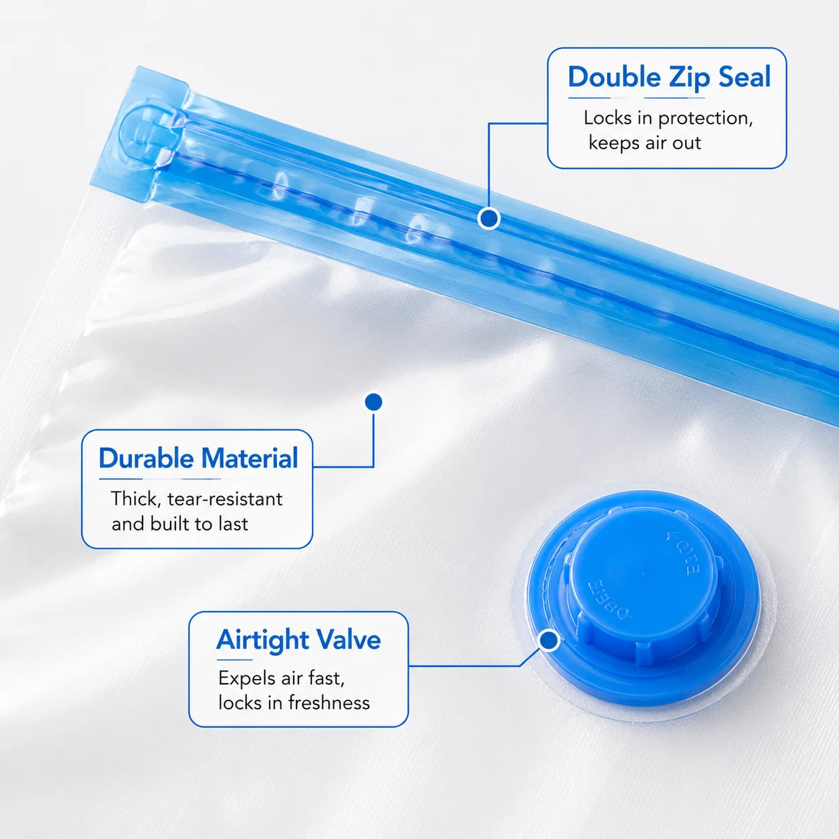 Close-up of a clear vacuum storage bag with a blue double zip seal and an airtight valve on the top.