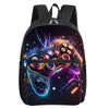 A black backpack featuring a colorful, glowing illustration of a video game controller on the front pocket.