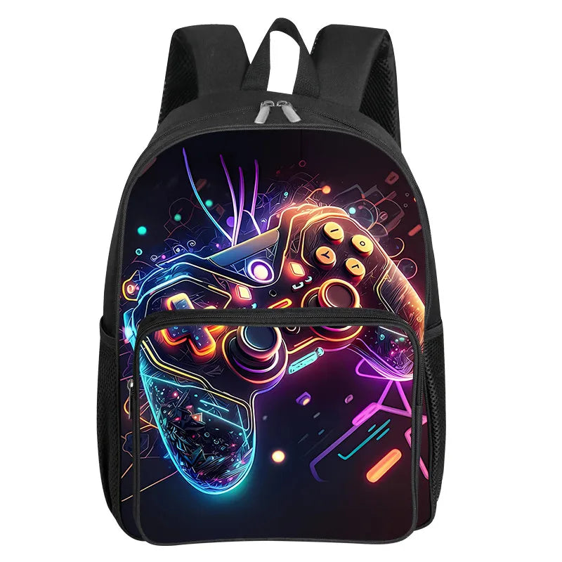 A black backpack featuring a colorful, glowing illustration of a video game controller on the front pocket.