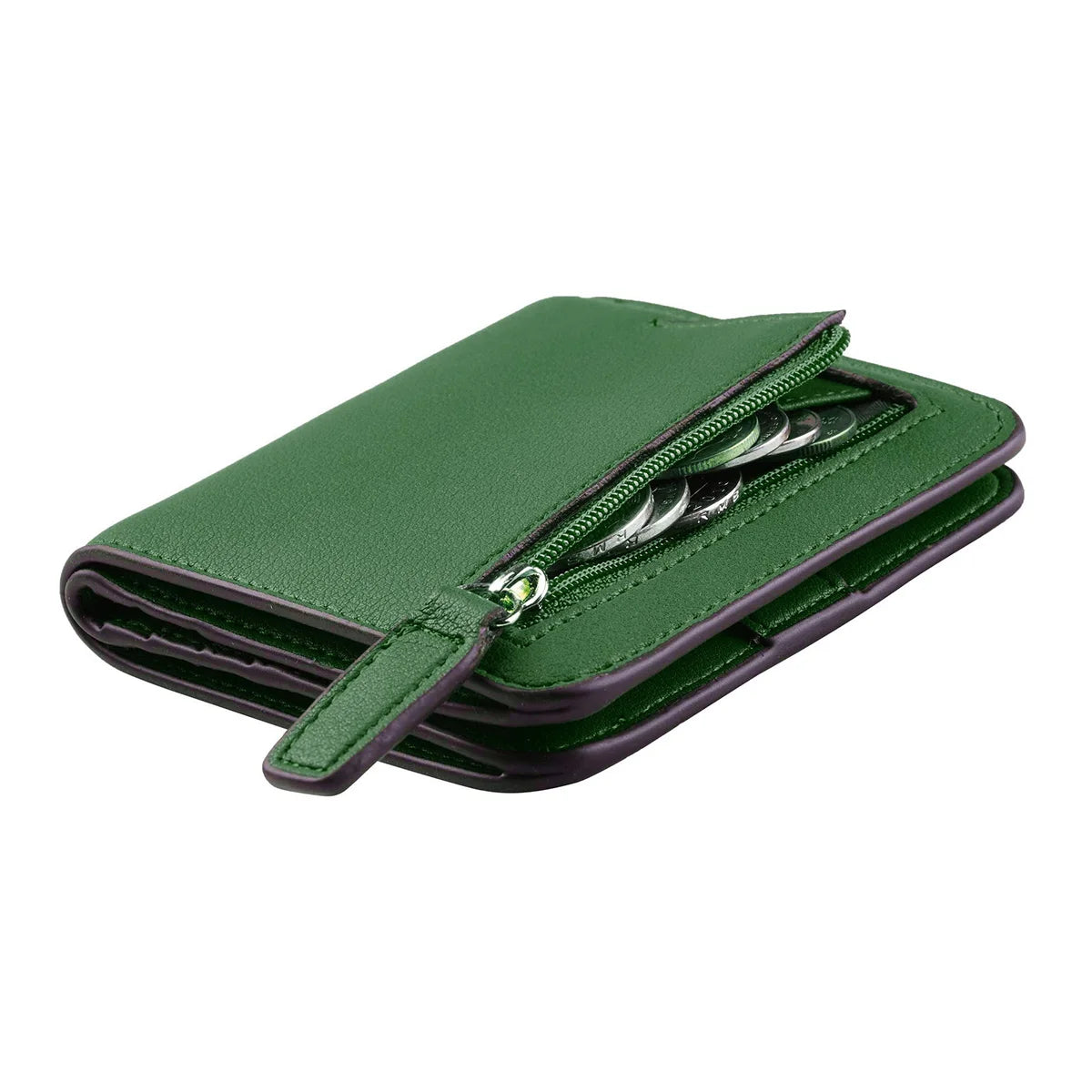 A dark green compact bi-fold leather wallet with a zippered closure is shown from above.