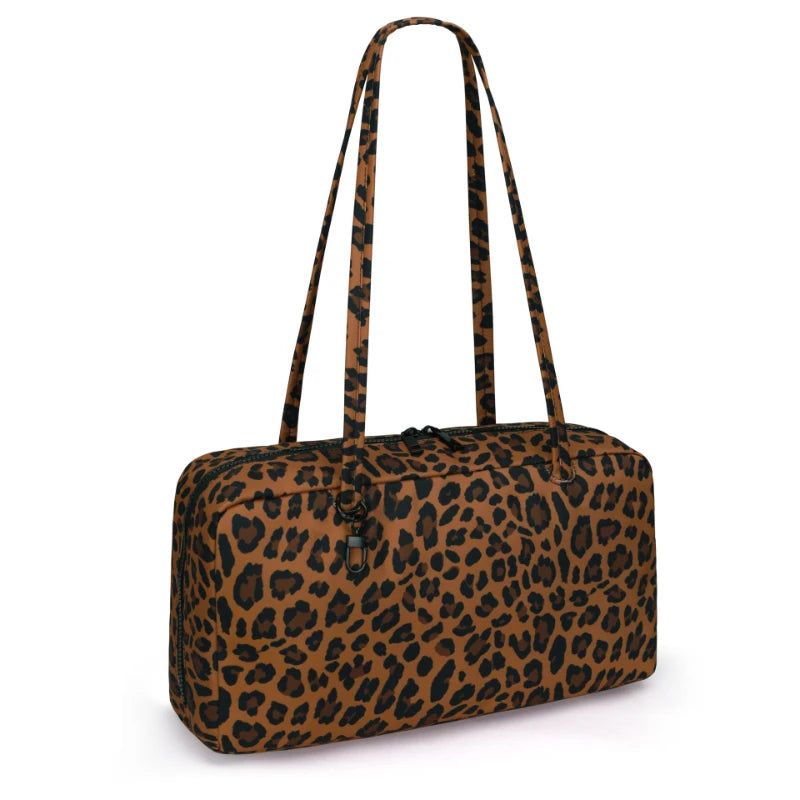 A brown leopard print nylon shoulder tote bag.