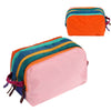 A multi-compartment travel toiletry organizer bag with colorful striped fabric and pink accents.