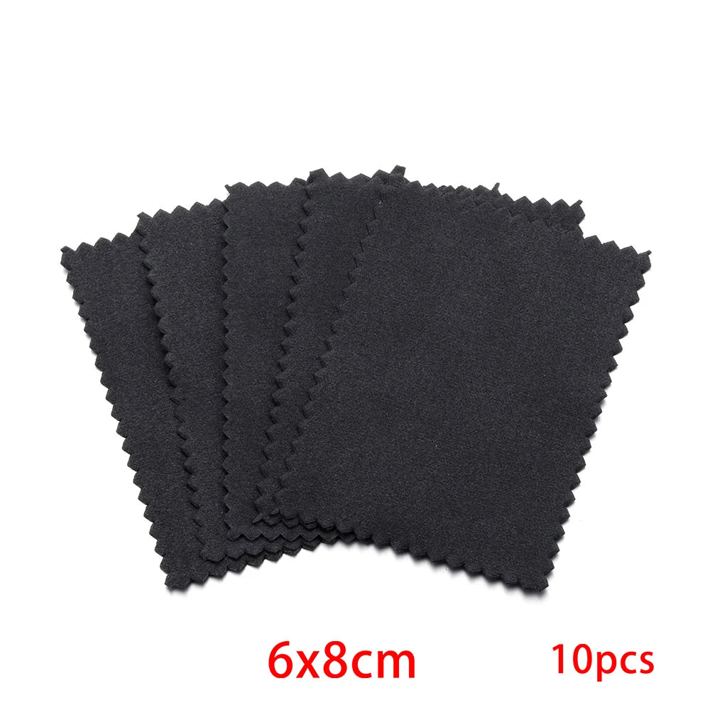 A stack of ten black polishing cloths, measuring 6x8cm each.