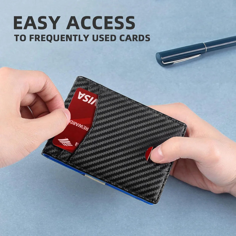 A hand holds an RFID-blocking slim leather wallet with a carbon fiber finish, showing access to frequently used cards.