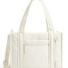 A cream quilted tote bag with a light beige strap and a zippered pocket.