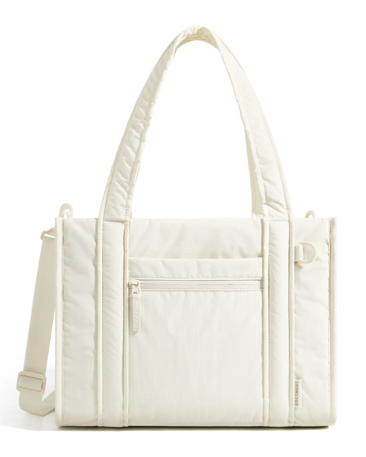 A cream quilted tote bag with a light beige strap and a zippered pocket.